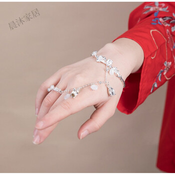 古风饰品镯子手链流苏戒指古装宫铃汉服手饰女手镯一体链铃铛配饰白色