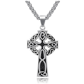 plez高档霸气上市62mm钛钢凯尔特十字架吊坠范十字架男项坠银色珍珠链