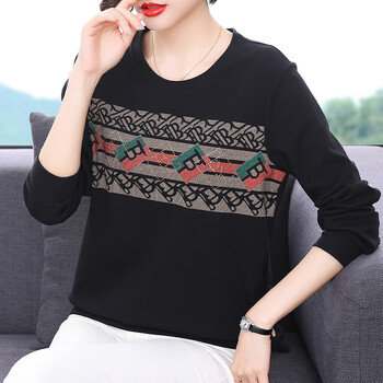 vesm蔓苪中年母亲秋装圆领印花长袖t恤女式春秋宽松体恤衫内搭打底衫