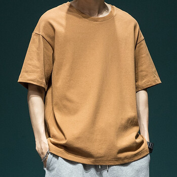 依郎酷短袖t恤男宽松纯棉圆领大码纯色重磅五分袖男士半截袖男生半袖