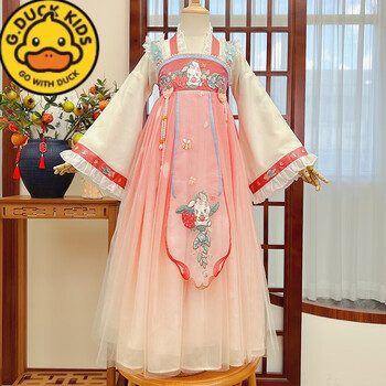 汉服女童春款古装中国风新款儿童古风春秋超仙女孩唐装连衣裙粉色110