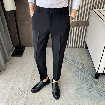 轻熟风九分西裤男韩版修身直筒小脚裤男士潮流腰带休闲西装男裤子黑色