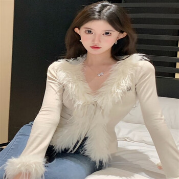 婉秋冬氛围感毛毛针织衫v领绑带开衫纯色感辣妹设计感内搭上衣米白色s