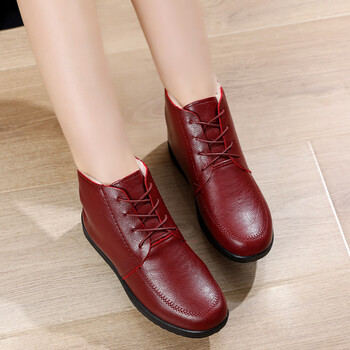 鞋冬季棉鞋加绒保暖中老年女鞋平底防滑老人皮鞋中年系带短靴红色37