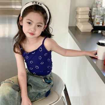 蓝诺猫女童笑脸露背吊带童装2023夏女宝背心上衣女孩设计感儿童无袖