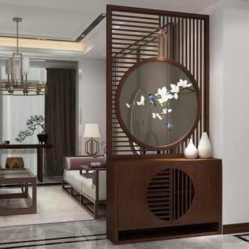 聚沁源新中式入户玄关柜进门屏风实木隔断客厅门厅间厅刺绣一体鞋柜