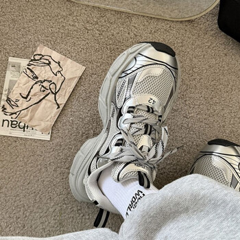 环球银色厚底增高老爹鞋男春季2024小众ins新款感情侣休闲运动鞋银色