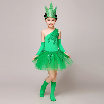 儿童绿色小草树叶禾苗男女童舞蹈裙锄禾守株待兔舞台剧表演出服装 女