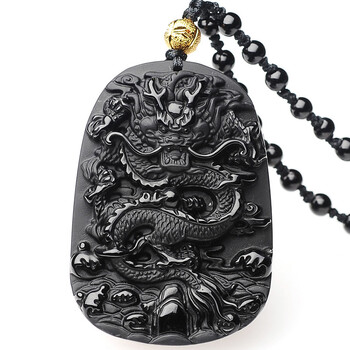 催雪大号黑曜石龙牌吊坠男女款霸气生肖龙项链黑色玉石属龙挂件 配