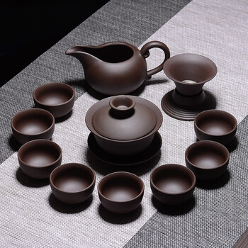 紫砂茶具原矿老紫泥功夫茶具茶杯茶壶盖碗家用办公室茶具盖碗12头紫泥