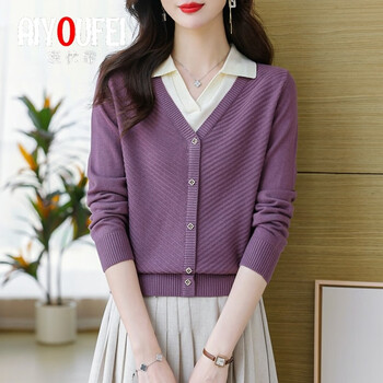 优霏aiyoufei翻领针织衫女假两件秋冬新款时尚内搭毛衣女上衣宽 紫色