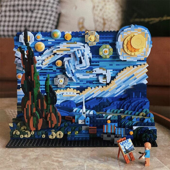 文森特梵高画像系列星夜世界名画积木拼装拼图3-6岁拼插儿童画板立体