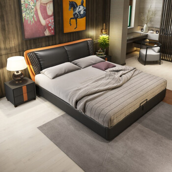 水星 家具 真皮床轻奢主卧床现代简约1.8双人床大小户型皮床婚床 1.8*2.0米(黑色+橙色)-架子床 床+床垫