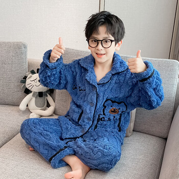 珍妮羊麻花开衫熊男童睡衣中大童儿童家居服2022冬季男童法兰绒套装