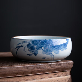 拓进仿古泥手绘青花陶瓷茶洗盆茶具家用大号茶杯洗笔洗茶渣缸茶盂水盂