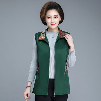 中老年人马甲女春秋薄款翻领春夏单层大码背心外套妈妈装坎肩 588绿色