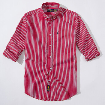 刺绣衬衫男商务休闲修身条纹格子长袖衬衣酒红色条纹s建议100斤120斤