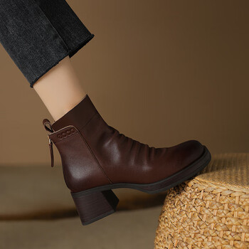 心他她羊皮粗跟复古棕色单靴秋冬新款软皮高跟倒靴手工女鞋简约短靴