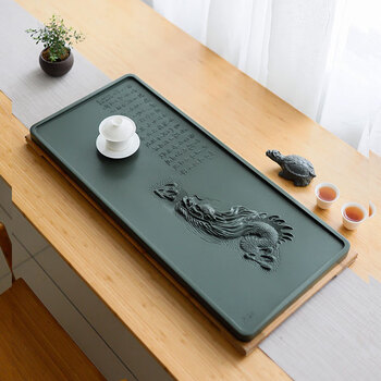 雕刻天罗绿茶盘中式天然石头茶台家用高档茶盘茶托 天罗绿有龙则灵 80