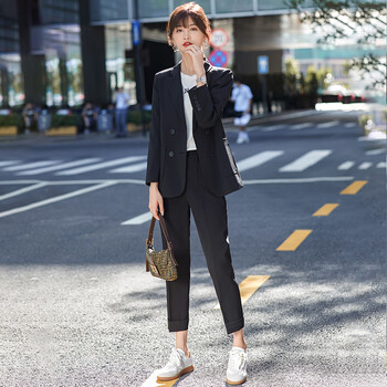 雨萌雅 女士秋天套装高腰小西装高级感休闲职业正装小个子英伦风黑色