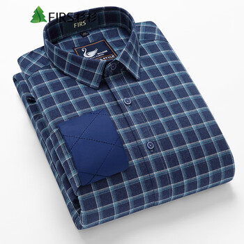 杉杉(firs)长袖衬衫保暖鸭绒内胆全棉舒适宽松版男士格子衬衣秋冬款