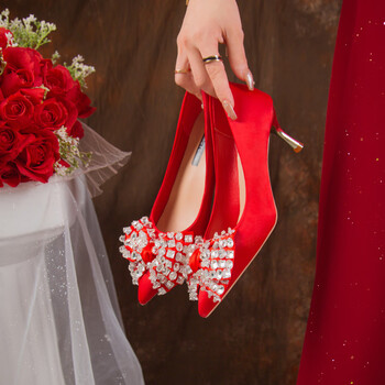 guaj红色水晶新娘鞋秀禾婚鞋女感不累中式结婚高跟鞋舒适敬酒鞋红色6