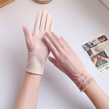 妙麦乐防晒手套女冰丝凉感透气夏薄款开车触屏骑车蕾丝粉色均码