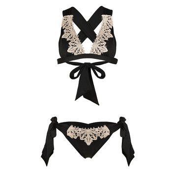 新款三角比基尼 比基尼性感三点式新款 泳衣女小胸聚拢度假 黑色 s