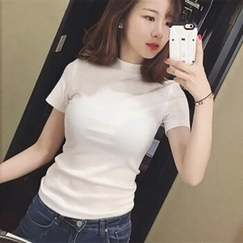 短袖t恤女白色夏季修身半高领打底衫纯色小高领紧身百搭衣女 半高领白