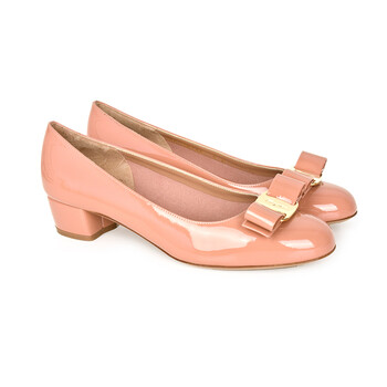 ferragamo菲拉格慕新款裸粉色漆皮蝴蝶结女士方根高跟鞋粉红色45