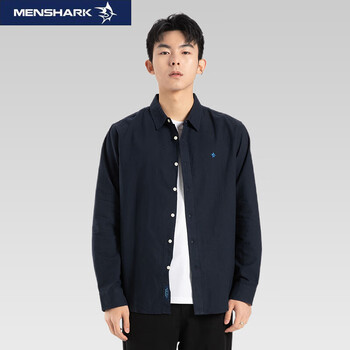 迈鲨克menshark衬衫男春夏男士纯色简约上衣休闲时尚刺绣长袖百搭牛津