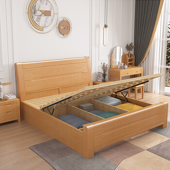 曲巧 榉木床 实木床现代中式双人床大床主卧婚床原木家具 1.