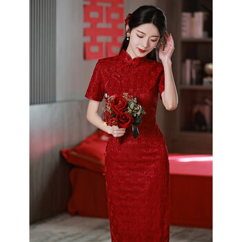 蔻翔订婚衣服红色旗袍敬酒服新娘结婚改良订婚礼服女梨形身材穿搭套装