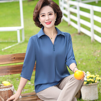 夏天的衣服女装中年妈妈真丝重磅衬衫女洋气夏装中老年上衣t恤蓝色xl