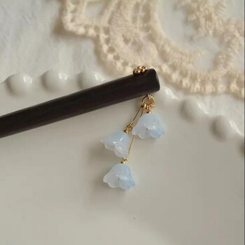 皓范儿桃木簪子吊坠蓝色琉璃铃兰发簪可爱盘发简约禾木发簪日常丸子头