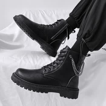 德尔惠(deerhui)潮牌马丁靴男款冬季复古英伦高帮皮鞋男士 黑色主图款