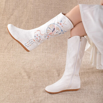 秋冬新款古风靴子女内增高汉服长筒靴民族风复古刺绣绣花靴女舞蹈靴加