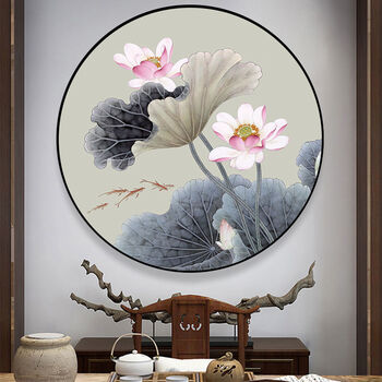 荷花图圆形装饰画新中式挂画q1a荷花直径20cmpvc黑框