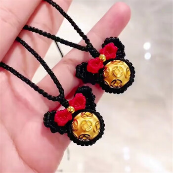 本淑生日礼物999足金钱币珠编织米奇吊坠黄金项链女六字真言转运珠送