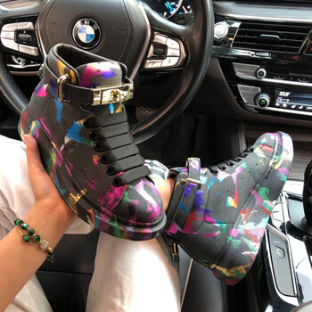 解放鞋奢侈品欧洲站男鞋格莱麦昆迷彩涂鸦情侣高帮鞋韩版潮厚底板鞋