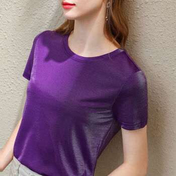 夏季新款半袖冰丝短袖t恤女冰丝恤女宽松女士纯色时尚短袖体恤亮丝