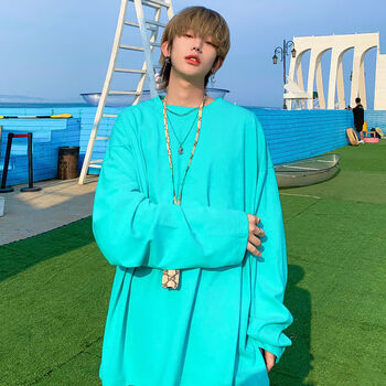 leman金俊纯色t恤男韩版潮流bf风休闲百搭上衣oversize长袖打底衫sn