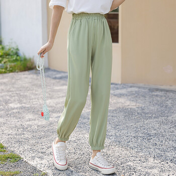夏天的裤子女初中生冰丝哈伦裤子女夏季薄款宽松休闲九分束脚雪纺凉凉