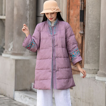 勤度中国风羽绒服女盘扣女中长款薄款立领绣花撞色复古外套中年紫色m9