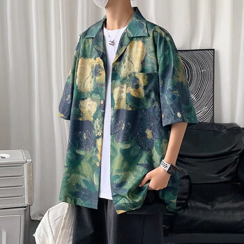 潮阵花衬衫男ins痞帅夏季男士碎花短袖夏威夷海边港风复古七分袖衬衣