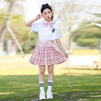 节班服整套幼儿园园服夏装时唱服儿童校服粉红色格子裙女款套装110