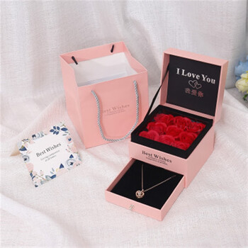 情侣戒指男女一对开口指环蓝色滴胶海洋之心对戒情侣粉色玫瑰花礼盒