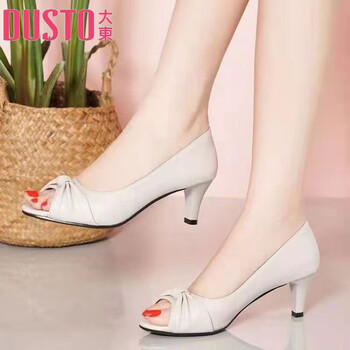 大东dusto真皮鱼嘴凉鞋女2024年夏季中跟百搭高跟鞋细跟单鞋时尚皮鞋