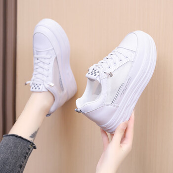 翰钦秋季女鞋内增高小白鞋2022新款百搭网面单鞋休闲透气运动鞋女白色