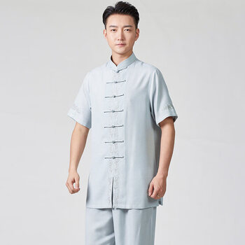 棉麻太极服男夏天新款太极服男夏季高端太极服练功服薄款 蓝灰 xl